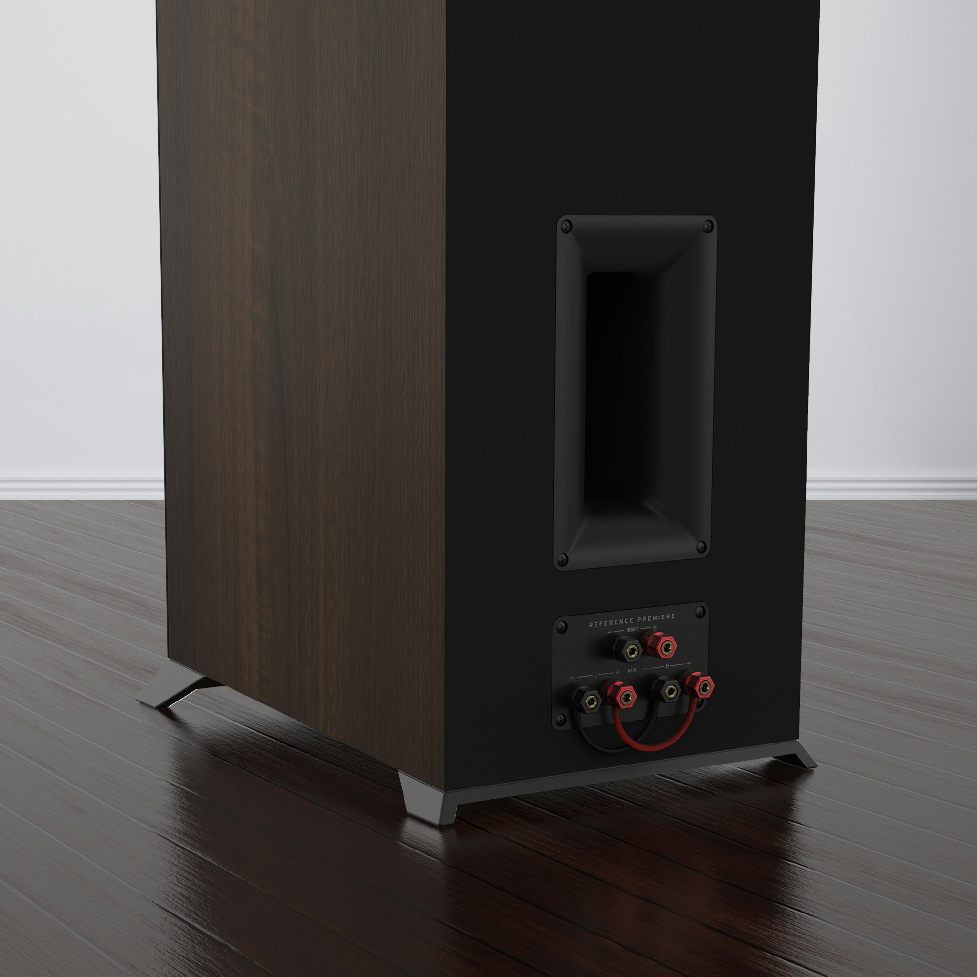 Rear view of a Reference Premiere II floorstanding speaker showing bi-amping or bi-wiring